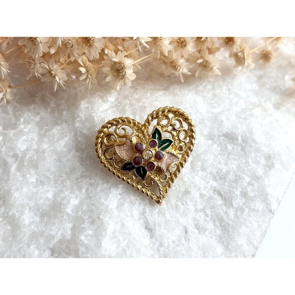 Heart Shaped Textured "I Love You" Rhinestoned and Enameled Brooch - Picture 2 of 10